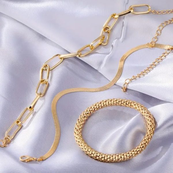 "3pcs Vintage Snake Bone Chain Bracelet Combo – Layered Metal Link Jewelry for Daily Wear & Parties"