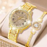 2pcs Women’s Glamorous Quartz Watches with Rhinestone & Gemstone Accents – Heart Bracelet, Digital Display, Ideal for Daily Wear & Gifts