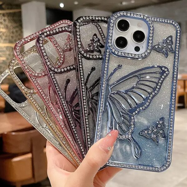Shiny Diamond 3D Butterfly Phone Case for iPhone 13/14/15/16 – Elegant TPU Soft Cover for Women