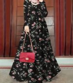 Women’s Elegant Floral Maxi Dress – Black with Red Flower Design, Lace-Up Front & Long Sleeves | Modest, Breathable & Stylish Outfit for All Seasons
