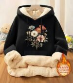 Women’s Floral Fleece Hoodie – Retro-Inspired Cozy Sweatshirt with Soft Lining | Warm Casual Pullover for Fall & Winter