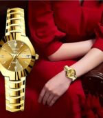 Women’s Luxury Rhinestone Quartz Watch – Golden Fashion Analog Calendar Wristwatch with Date Display