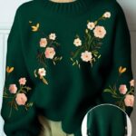 Women’s Soft Green Floral Embroidered Sweater – Cozy Autumn & Winter Fashion for a Feminine Look