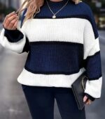 Women’s Plus Size Sweater – Elegant Color-Block Pullover for Effortless Winter Style