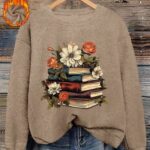 Women’s Beige Floral & Book Print Sweater – Elegant Round-Neck Pullover with Literary-Inspired Design for All Seasons