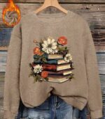 Women’s Beige Floral & Book Print Sweater – Elegant Round-Neck Pullover with Literary-Inspired Design for All Seasons