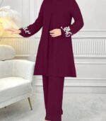Women’s Embroidered Plant-Pattern Two-Piece Set – Long Sleeve Top & Pants | Elegant Arabic Outfit Without Headscarf - Image 12