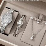 6pcs Golden Quartz Watch & Jewelry Set for Women – Elegant Necklace, Earrings, Bracelet, Ring & Gift Box