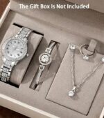 6pcs Golden Quartz Watch & Jewelry Set for Women – Elegant Necklace, Earrings, Bracelet, Ring & Gift Box