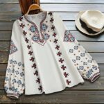 Women’s Ethnic Floral V-Neck Blouse – Lantern Sleeves, Lightweight Fabric & Casual Vacation Style | All-Season Elegant Top
