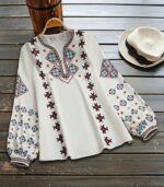 Women’s Ethnic Floral V-Neck Blouse – Lantern Sleeves, Lightweight Fabric & Casual Vacation Style | All-Season Elegant Top