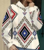 Women’s Tribal Geometric Print Hoodie – Southwestern Style Pullover with Vibrant Patterns | Comfortable All-Season Casual Sweatshirt