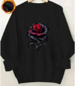 Women’s Rose Floral Fleece Sweater – Thick Winter Warm Round Neck Casual Pullover
