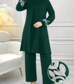 Women’s Embroidered Plant-Pattern Two-Piece Set – Long Sleeve Top & Pants | Elegant Arabic Outfit Without Headscarf - Image 23