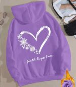 Women’s Snowflake & Heart Print Hoodie – “Faith Hope Love” Back Design | Cozy Long-Sleeve Sweatshirt with Front Pocket | Comfortable All-Season Casual Wear for Women