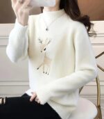 Women’s Christmas Sweater – Elegant Half-Turtleneck Pullover with Embroidered Deer Design for Cozy Winter Style - Image 4