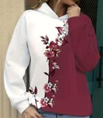 Women’s Gradient Ombre Hoodie – Burgundy & White with Cherry Blossom Print | Elegant Long-Sleeve Sweatshirt for Casual All-Season Wear