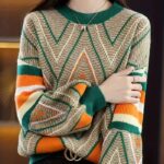 Women’s Korean Style Winter Sweater – Slim Fit Color-Block Pullover with Trendy Geometric Design