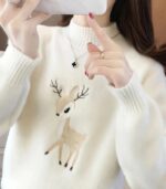 Women’s Christmas Sweater – Elegant Half-Turtleneck Pullover with Embroidered Deer Design for Cozy Winter Style - Image 5