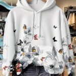 Women’s Floral & Butterfly Print Hoodie – Long Sleeve Pullover with Front Pocket | Soft, Stretchy & Machine-Washable Fabric for Casual Everyday Style
