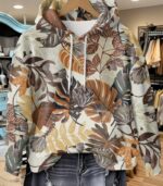 Women’s Oversized Botanical Leaf Print Hoodie – Cozy Full-Zip Hooded Sweatshirt with Earthy Tones | Loose-Fit Casual Outerwear for Fall & Winter