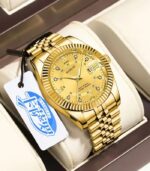 Men’s Luxury Luminous Stainless Steel Analog Watch – Golden Bezel, Blue Dial, Quartz Precision & Business Elegance - Image 2