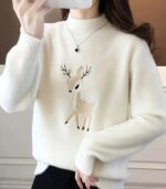 Women’s Christmas Sweater – Elegant Half-Turtleneck Pullover with Embroidered Deer Design for Cozy Winter Style