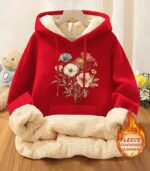 Women’s Floral Fleece Hoodie – Retro-Inspired Cozy Sweatshirt with Soft Lining | Warm Casual Pullover for Fall & Winter - Image 12