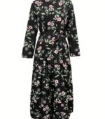 Women’s Elegant Floral Maxi Dress – Black with Red Flower Design, Lace-Up Front & Long Sleeves | Modest, Breathable & Stylish Outfit for All Seasons - Image 4
