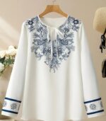 Women’s Elegant Floral Tie-Neck Blouse – White Long-Sleeve Button-Up Shirt with Blue Flower Design, Perfect for Daily Outfits, Vacations, and Effortless Year-Round Style
