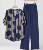 Women’s Navy Blue Polka Dot Two-Piece Set – Elegant V-Neck Button-Up Top with Wide-Leg Pants, Chic and Comfortable Outfit for All Seasons and Occasions