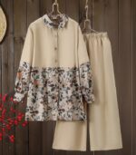 Women’s Plus Size Patchwork Print Two-Piece Set – Elegant Long-Sleeve Top and Loose Pants Outfit for Autumn, Perfect for Casual Outings, Dates, or Relaxed Home Wear