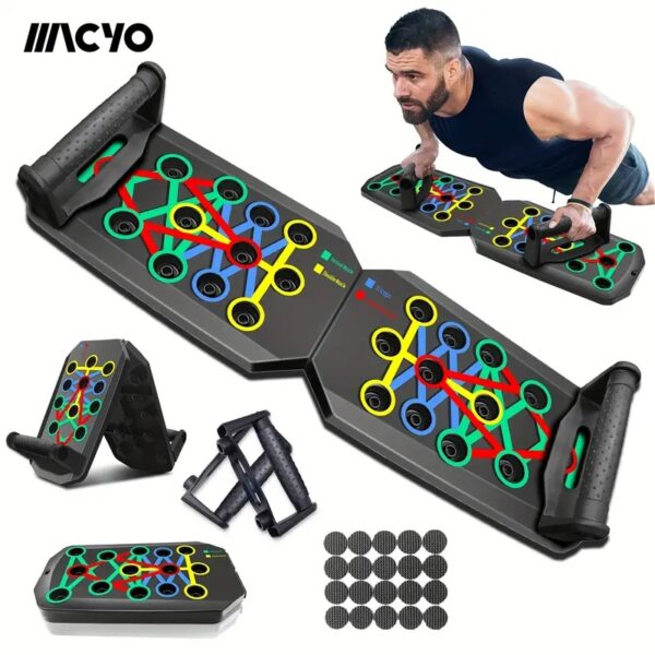 28-Hole Push-Up Board with Resistance Bands – Home & Gym Exercise Equipment for Chest, Arms, and Shoulders, Foldable Muscle Training Device