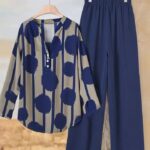 Golden Polka Dot Floral Two-Piece Set – Stylish Summer Outfit with Casual Long Pants for Holidays and Everyday Wear