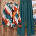 Women’s Geometric Print Two-Piece Set – Long-Sleeve Lapel Shirt with Solid Wide-Leg Pants and Symmetrical Pockets for a Chic Casual Look