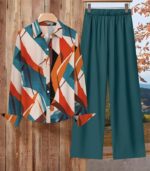 Women’s Geometric Print Two-Piece Set – Long-Sleeve Lapel Shirt with Solid Wide-Leg Pants and Symmetrical Pockets for a Chic Casual Look