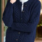 Women’s Navy Blue Geometric Cable-Knit Cardigan – Cozy Button-Front Sweater with Black Buttons, Round-Neck Long Sleeves, Perfect for Fall & Winter Layering
