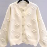 Women’s Elegant Knit Cardigan – Round Neck Long Sleeve Sweater with 3D Floral Embellishments, Wavy Hem, Button Accents, Solid Color, Perfect for Autumn & Winter