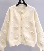 Women’s Elegant Knit Cardigan – Round Neck Long Sleeve Sweater with 3D Floral Embellishments, Wavy Hem, Button Accents, Solid Color, Perfect for Autumn & Winter