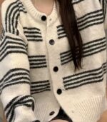 Women's Oversized Vintage Sweater – Soft Beige & Black Striped Cardigan with Round Neck, Relaxed Fit, All-Season Cozy Pullover - Image 3