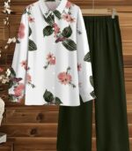 Women’s Chic Plant Print Two-Piece Set – Long-Sleeve Blouse with Solid Trousers, Elegant and Comfortable Outfit for Spring and Autumn