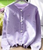 Women’s Elegant Knit Cardigan – Round Neck Long Sleeve Sweater with 3D Floral Embellishments, Wavy Hem, Button Accents, Solid Color, Perfect for Autumn & Winter - Image 7