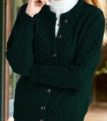 Women’s Navy Blue Geometric Cable-Knit Cardigan – Cozy Button-Front Sweater with Black Buttons, Round-Neck Long Sleeves, Perfect for Fall & Winter Layering - Image 4