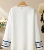 Women’s Elegant Floral Tie-Neck Blouse – White Long-Sleeve Button-Up Shirt with Blue Flower Design, Perfect for Daily Outfits, Vacations, and Effortless Year-Round Style - Image 3