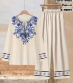 Women’s Elegant Floral Print Two-Piece Set – Long Sleeve Blouse with Wide-Leg Pants, Stylish and Comfortable Outfit for All Seasons Made from Soft Polyester Fabric - Image 3