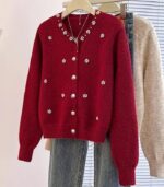 Women’s Red Floral-Accent Cardigan – Lightweight Button-Up Sweater with White Embroidered Details, Crew Neck, Long Sleeves, Perfect for Casual Fall & Winter Wear - Image 3