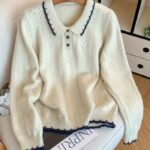 Women's Korean-Inspired Colorblock Sweater – Long Sleeve Pullover with Bow Accent and Lapel Detail, Soft & Cozy for Autumn and Winter Layering