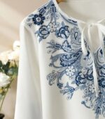 Women’s Elegant Floral Tie-Neck Blouse – White Long-Sleeve Button-Up Shirt with Blue Flower Design, Perfect for Daily Outfits, Vacations, and Effortless Year-Round Style - Image 4