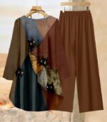 Women’s Casual Two-Piece Set – Loose Irregular Print Long Sleeve Top with Solid Color Pants, Trendy Round Neck Outfit for All Seasons - Image 4