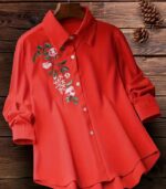 Women’s Elegant Embroidered Yellow Shirt – Long-Sleeve Button-Up Blouse with Floral & Leaf Design, Perfect for Casual Days, Formal Outfits, and All-Season Style - Image 5